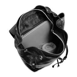Muud Gimo Leather Backpack - Black - top view of backpack holding materials (not included)