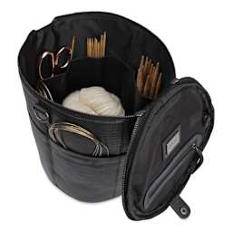 Muud Saturn XL Leather Needlework Project Bag - Black - open, holding materials (not included)