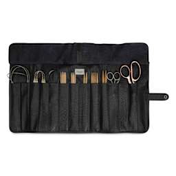 Muud Bea Roll-Up Leather Knitting Needle Case - Black - unrolled, holding materials (not included)