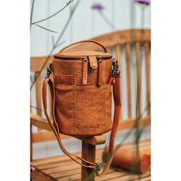 Muud Saturn XL Leather Needlework Project Bag - Brown - on bench arm rest