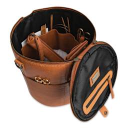 Muud Saturn XL Leather Needlework Project Bag - Brown - open, holding materials (not included)