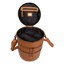 Muud Bturn Leather Needlework Project Bag - Brown - with top lid open