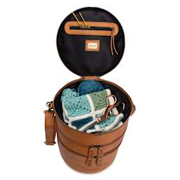 Muud Bturn Leather Needlework Project Bag - Brown - top section holding materials (not included)