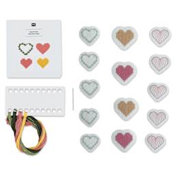 Rico Design Stick and Stitch Embroidery Kit - Pkg of 14, Pixel Art Hearts contents