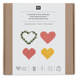 Rico Design Stick and Stitch Embroidery Kit - Pkg of 14, Pixel Art Hearts front of packaging