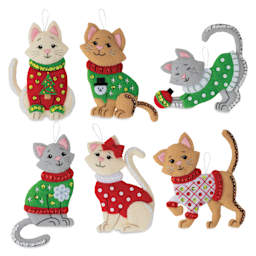 Bucilla Holiday Felt Ornament Kit - Cats In Ugly Sweaters, six finished ornaments