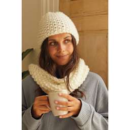DMC Mindful Making Cozy Hat & Snood Knitting Kit - person wearing finished hat and snood