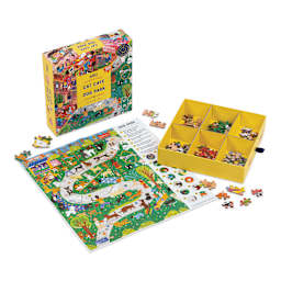 Professor Puzzle Cat Café & Dog Park 500 Piece Puzzle (Assembled pieces in front of box)