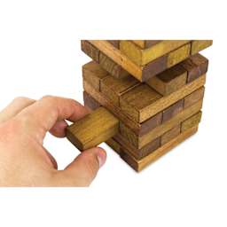 Professor Puzzle Wooden Toppling Tower Game, piece being pulled from tower