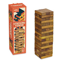 Professor Puzzle Wooden Toppling Tower Game, tower next to packaging