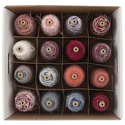 Trait-tex Assorted Novelty Yarn - Top view of 16 spools in package
