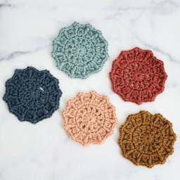 Lion Brand Color Theory Yarn (Five Sunburst Coasters, finished project)