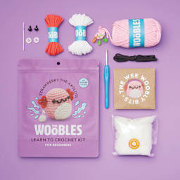 The Woobles Beginner Crochet Amigurumi Kit - Axolotl contents