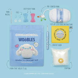 The Woobles Beginner Crochet Amigurumi Kit - Cinnamoroll from Hello Kitty - packaging and contents