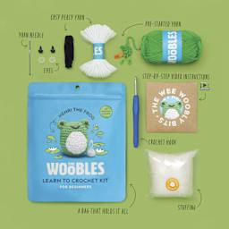 The Woobles Beginner Crochet Amigurumi Kit - Frog - packaging and contents