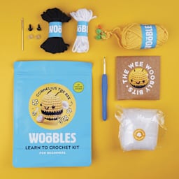 The Woobles Beginner Crochet Amigurumi Kit - Cornelius the Bee - packaging and contents