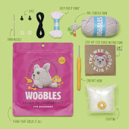 The Woobles Beginner Crochet Amigurumi Kit - Hugo the French Bulldog - packaging and contents