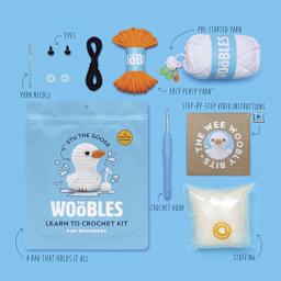 The Woobles Beginner Crochet Amigurumi Kit - Stu the Goose - packaging and contents