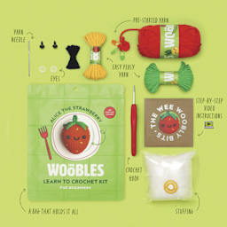 The Woobles Beginner Crochet Amigurumi Kit - Alice the Strawberry - packaging and contents