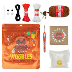 The Woobles Beginner Crochet Amigurumi Kit - Ted the Gingerbread Man, packaging and contents