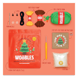 The Woobles Beginner Crochet Amigurumi Kit - Douglas the Fir, packaging and contents
