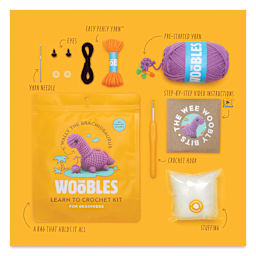 The Woobles Beginner Crochet Amigurumi Kit - Wally the Brachiosaurus, packaging and contents