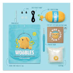 The Woobles Beginner Crochet Amigurumi Kit - Buster the Labrador, packaging and contents