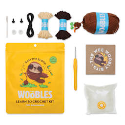 The Woobles Beginner Crochet Amigurumi Kit - Sam the Sloth, packaging and contents