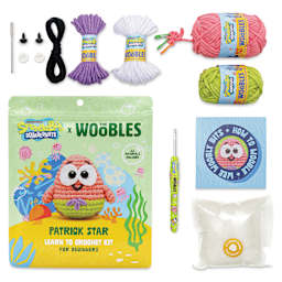 The Woobles Beginner Crochet Amigurumi Kit - Patrick Star contents with packaging