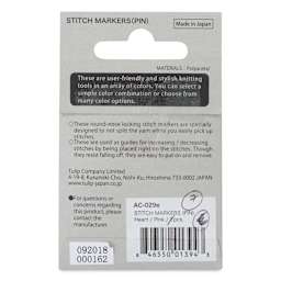 Tulip Needle Company Stitch Markers - Pink Heart, Pkg of 7, Pins, back of the packaging