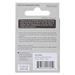 Tulip Needle Company Stitch Markers - Blue Heart, Pkg of 7, Pins, back of the packaging