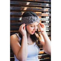 Lion Brand Feels Like Alpaca Yarn, adult wearing bandana made of yarn