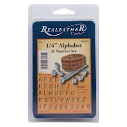 Realeather Leather Tooling Set - 1/4" Alphabet and Numbers with Handle, Set of 36 Stamps, packaging