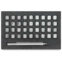Realeather Leather Tooling Set - 1/4" Alphabet and Numbers with Handle, Set of 36 Stamps, contents