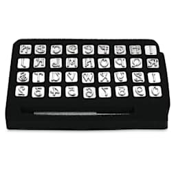 Realeather Leather Tooling Sets - Angled view of storage case holding letters and numbers
