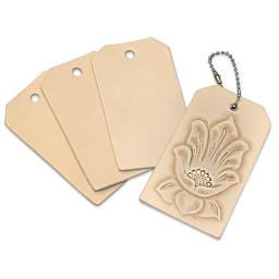 Realeather Leather Tags - 3-1/2" x 2", Pkg of 8, outside of the packaging