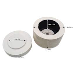 2.75 in (7 cm) internal platform diameter, 1.75 in (4.4 cm) inner chamber height, 0.375 in (1 cm) venting hole, 0.75 in (2 cm) platform height, 2.5 in (6.3 cm) lid height, 4.75 in (12 cm) outer diameter. 