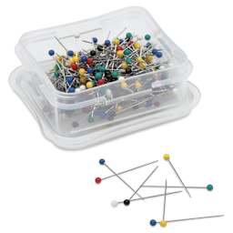 Dritz Ball Point Pins - Assorted Colors, Pkg of 240, pins laid out in front of opened carrying case