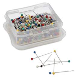 Dritz Ball Point Pins - Assorted Colors, Pkg of 350, opened carrying case and pins laid out