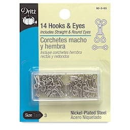 Dritz Sew on Fasteners - Hook and Eyes, Nickel Plated, Size 3, Package of 14 (Front of package)