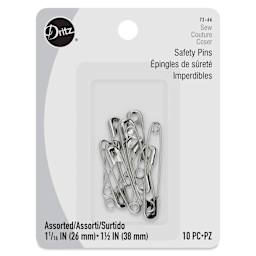 Dritz Safety Pins - Nickel, Assorted Sizes, Pkg of 10 front of packaging