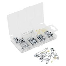 Dritz Safety Pins - Assorted Sizes, Pkg of 100 with open Storage Box with mixed pin array