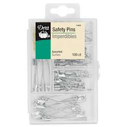 Dritz Safety Pins - Assorted Sizes, Pkg of 100 with closed Storage Box, top-view