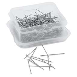 Dritz Long Pleating Pins - 1-1/16", Pkg of 350, opened storage box with pins laid out 