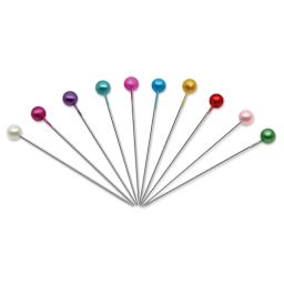 Dritz Long Pearlized Pins, ten multicolored pins fanned out
