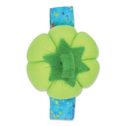 Dritz Tomato Wrist Pin Cushion - Green out of packaging, close-up