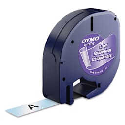 Dymo LetraTag Label Tape - Angled view of dispenser with clear plastic tape slightly out
