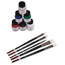 
Angelus Acrylic Leather Paint Set - Basics, 6 assorted colors and 5 brushes laid out