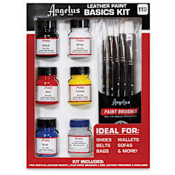 Angelus Acrylic Leather Paint Set - Basics, Assorted Colors, Set of 6, front of the packaging 
