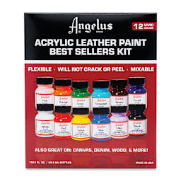 Angelus Acrylic Leather Paint Set - Best Sellers, Assorted Colors, Set of 12, front of the packaging